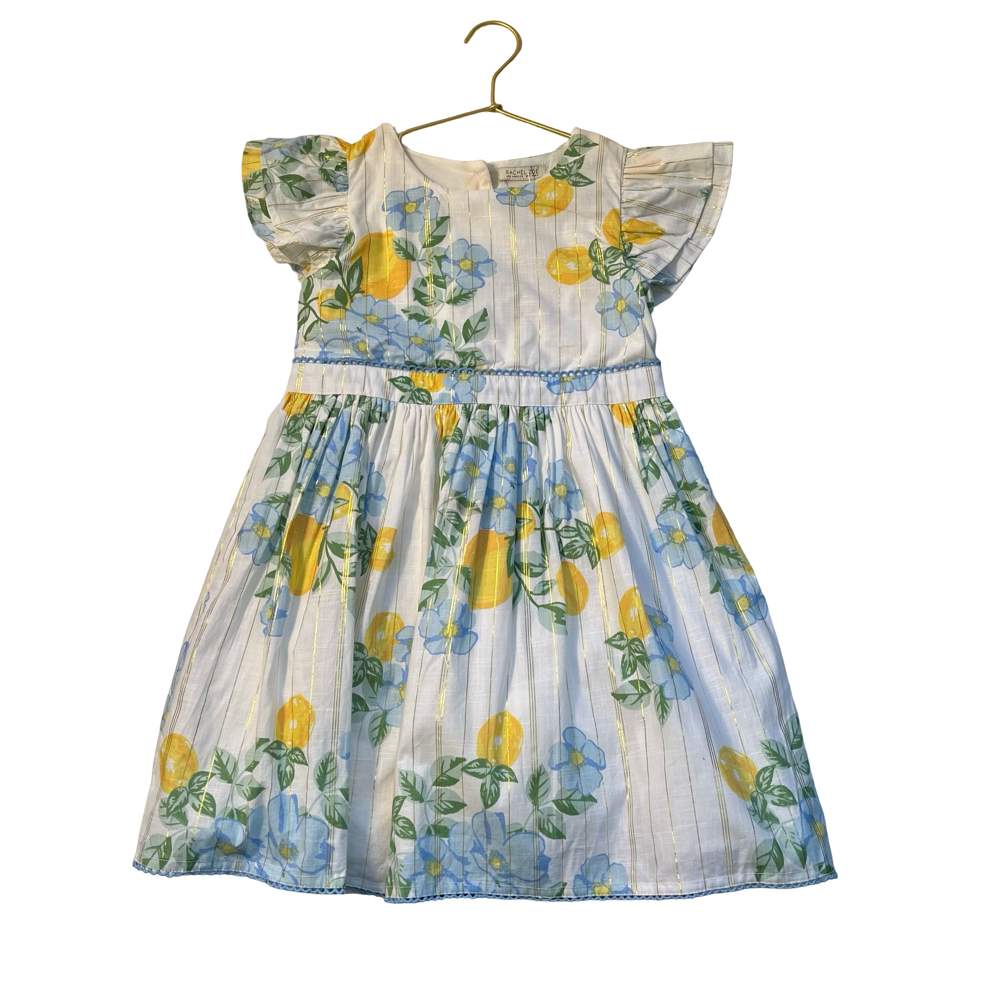 Rachel Zoe Ivory, Blue, Yellow, Metallic Flower & Lemon Print Dress - Size 7