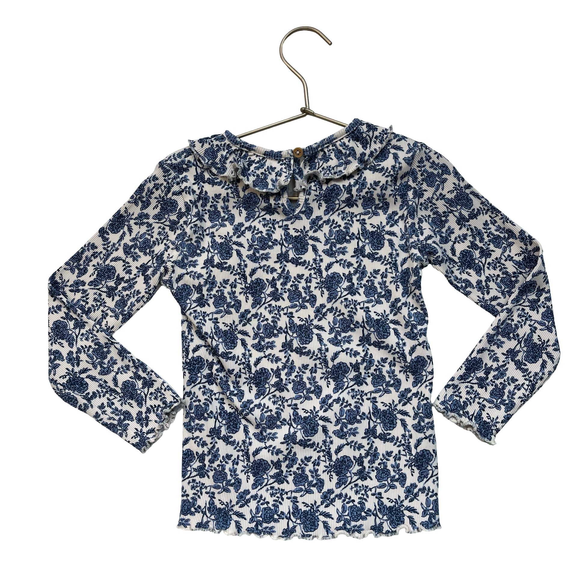Monoprix Ivory & Blue Floral Ribbed Ruffle-Collar Shirt - Size 6