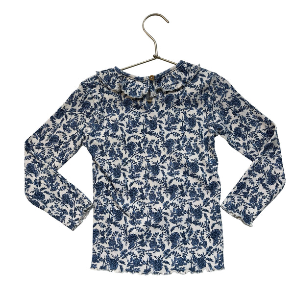 Monoprix Ivory & Blue Floral Ribbed Ruffle-Collar Shirt - Size 6