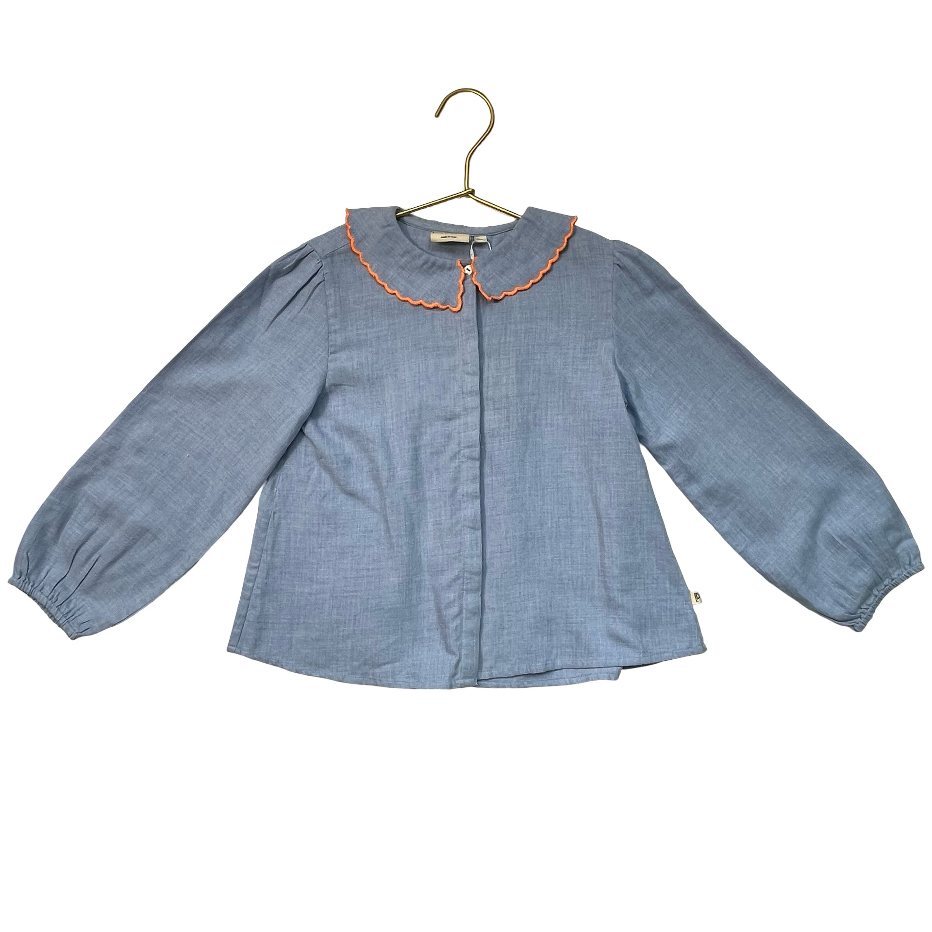 Arsene & Les Pipelettes Light Blue Button Down Blouse, Orange Trim - Size 6A