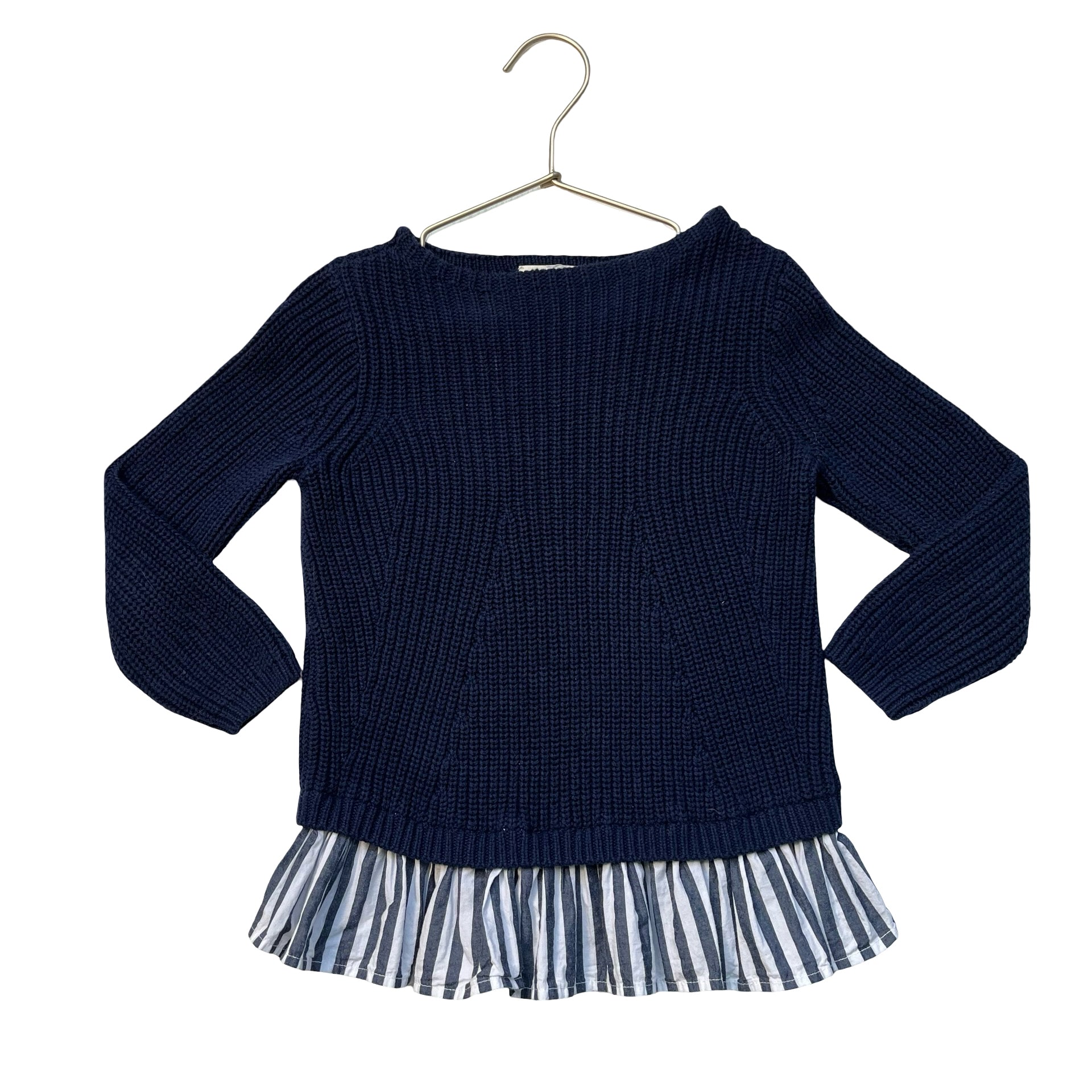 Crewcuts Navy Cotton Sweater, Striped Hem Trim - Size 6-7