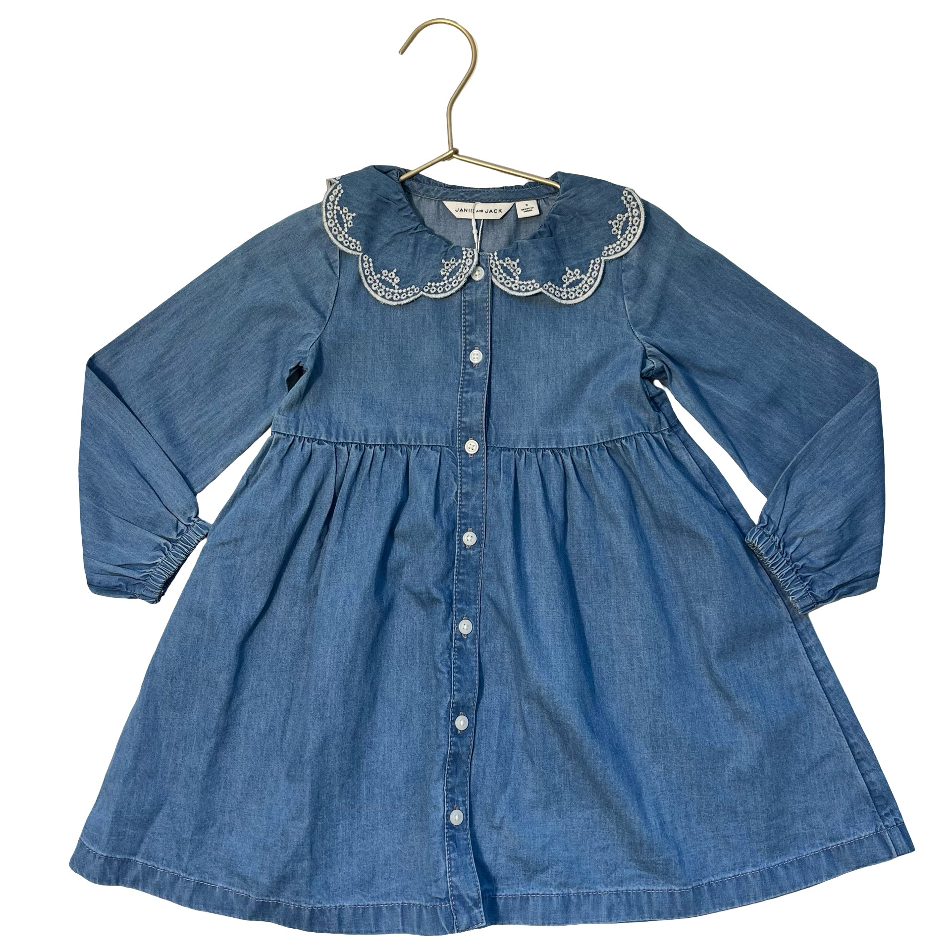 Janie and Jack Blue Chambray Shirt  Dress, Eyelet Collar - Size 3