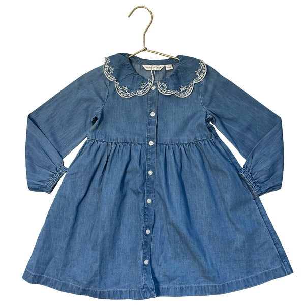 Janie and Jack Blue Chambray Shirt  Dress, Eyelet Collar - Size 3
