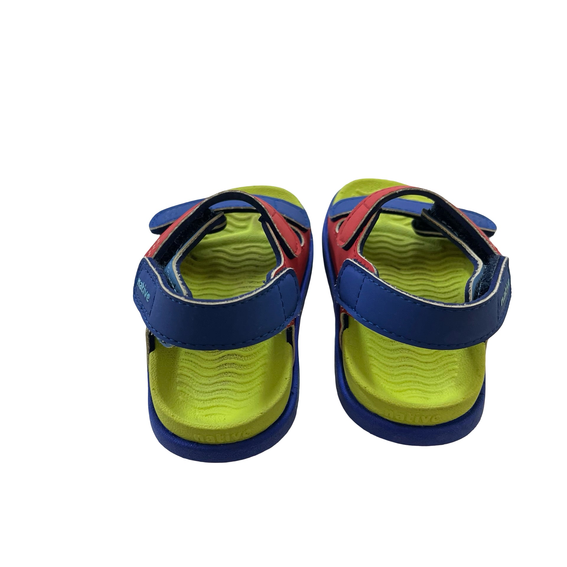 Native Blue, Red, Lime Velcro Sandals - Size 5 Estimated