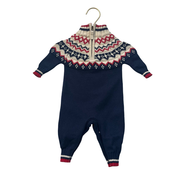 Hope & Henry Navy, Ivory, Red Fair Isle Cotton Knit One-Piece - Size 0-3 Mo