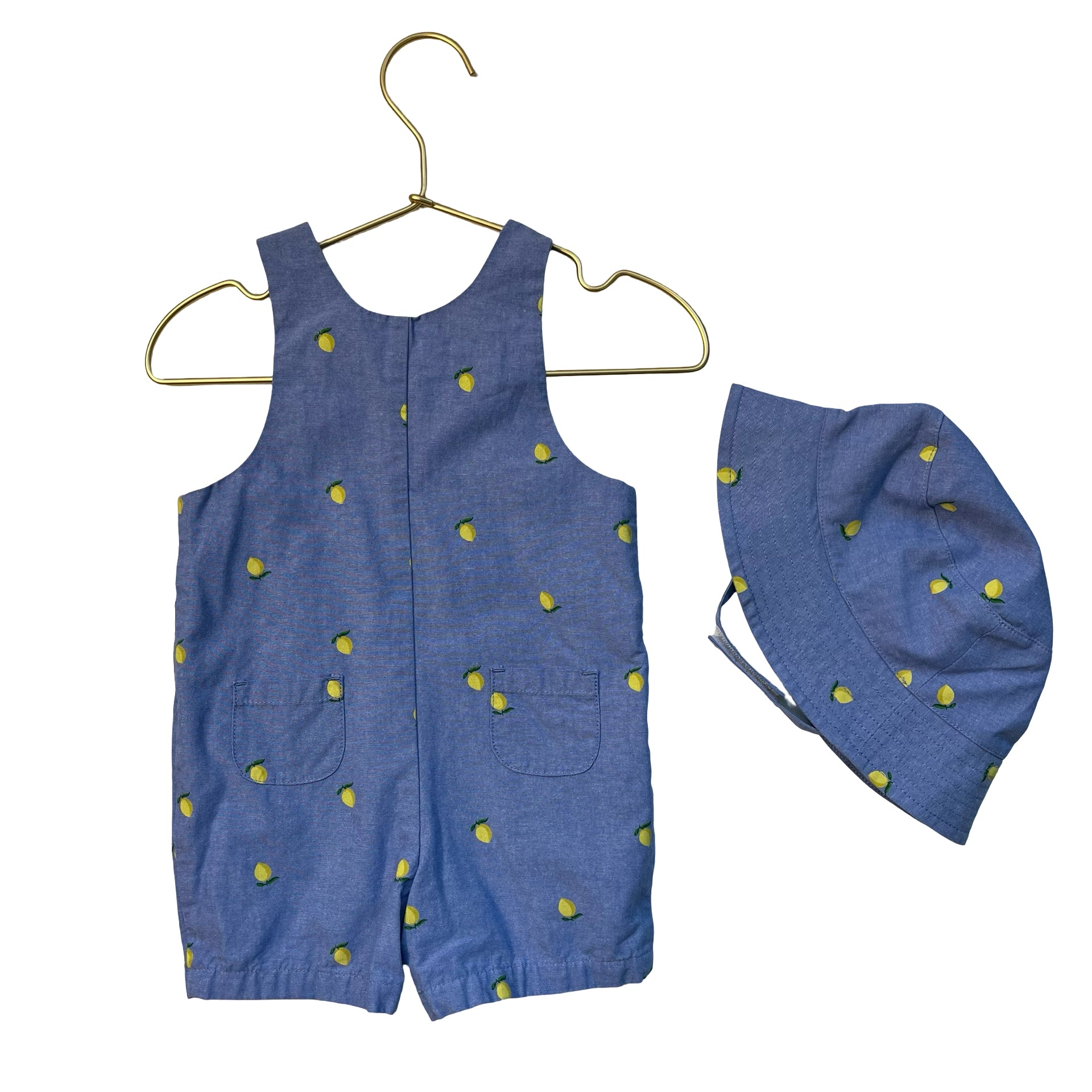 Janie and Jack Chambray Lemon Print Shortalls & Hat - Size 6-12 Mo