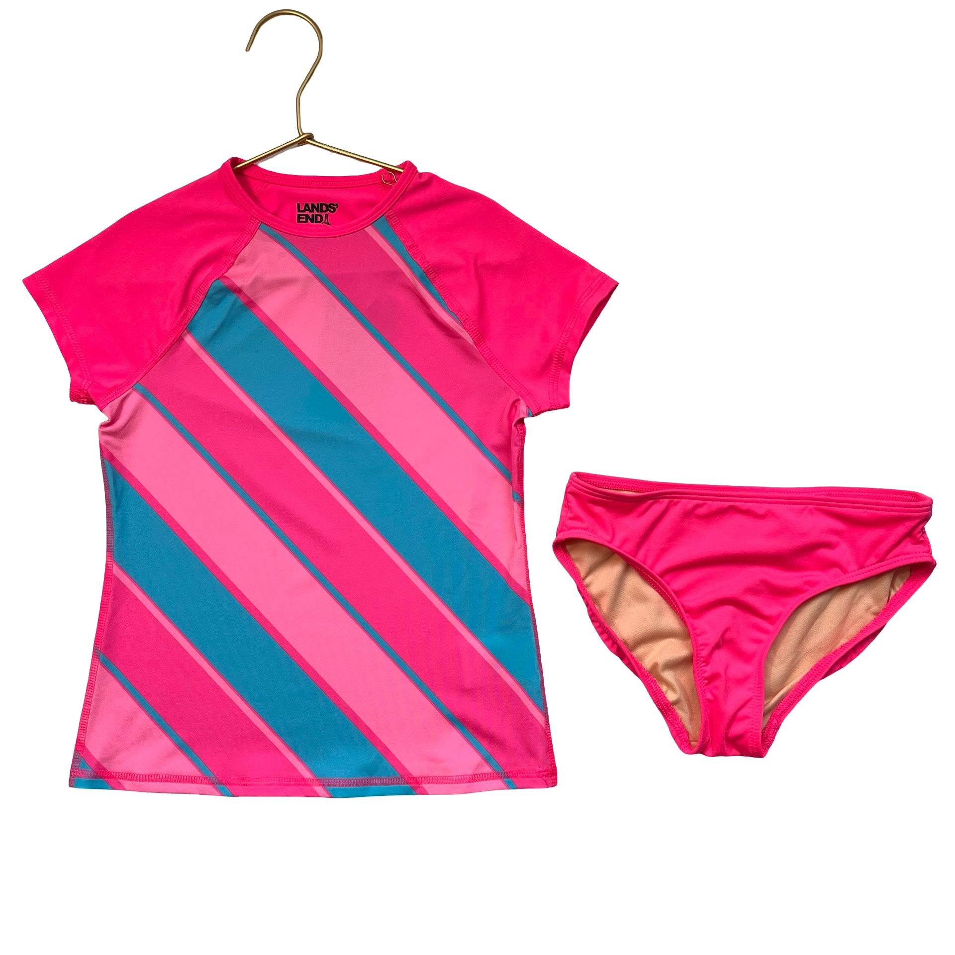 Lands' End Neon Pink & Blue Striped Rash Guard 2 Piece Swim Suit - Size S 6-7