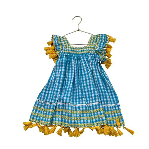 Mer St. Barth Blue Check & Yellow Tassel Dress - Size 2