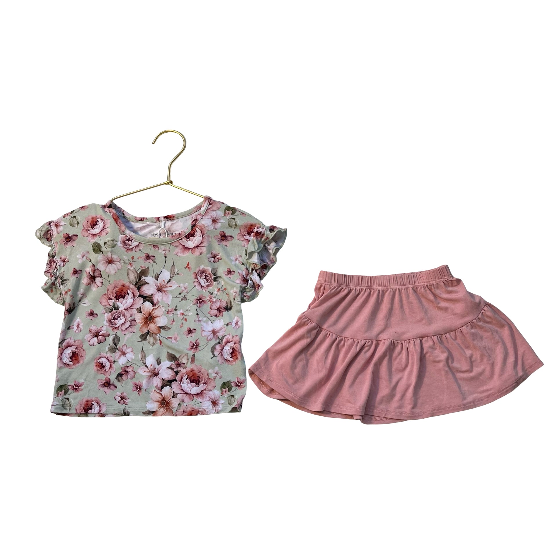 Posh Peanut Pink Skirt & Green Flower Print Top Set - Size 2T