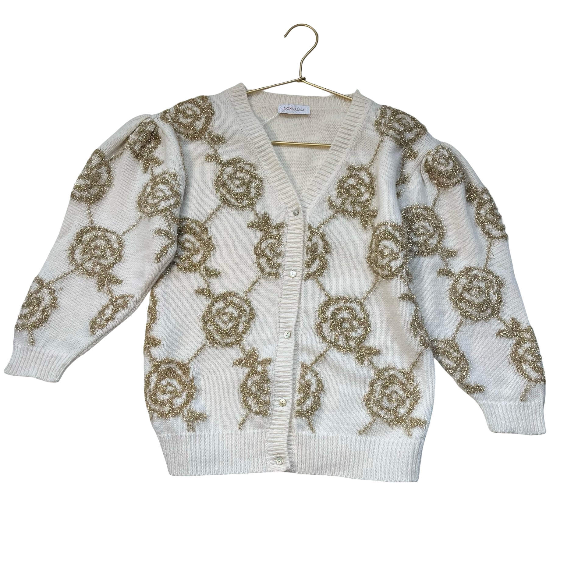 Monnalisa Ivory 100% Wool & Gold Metallic Pattern V-Neck Cardigan Sweater - 10