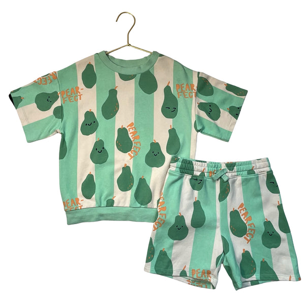 H&M Mint & Ivory Striped 'Pearfect' Pear Print Shorts & Top Set - Size 6