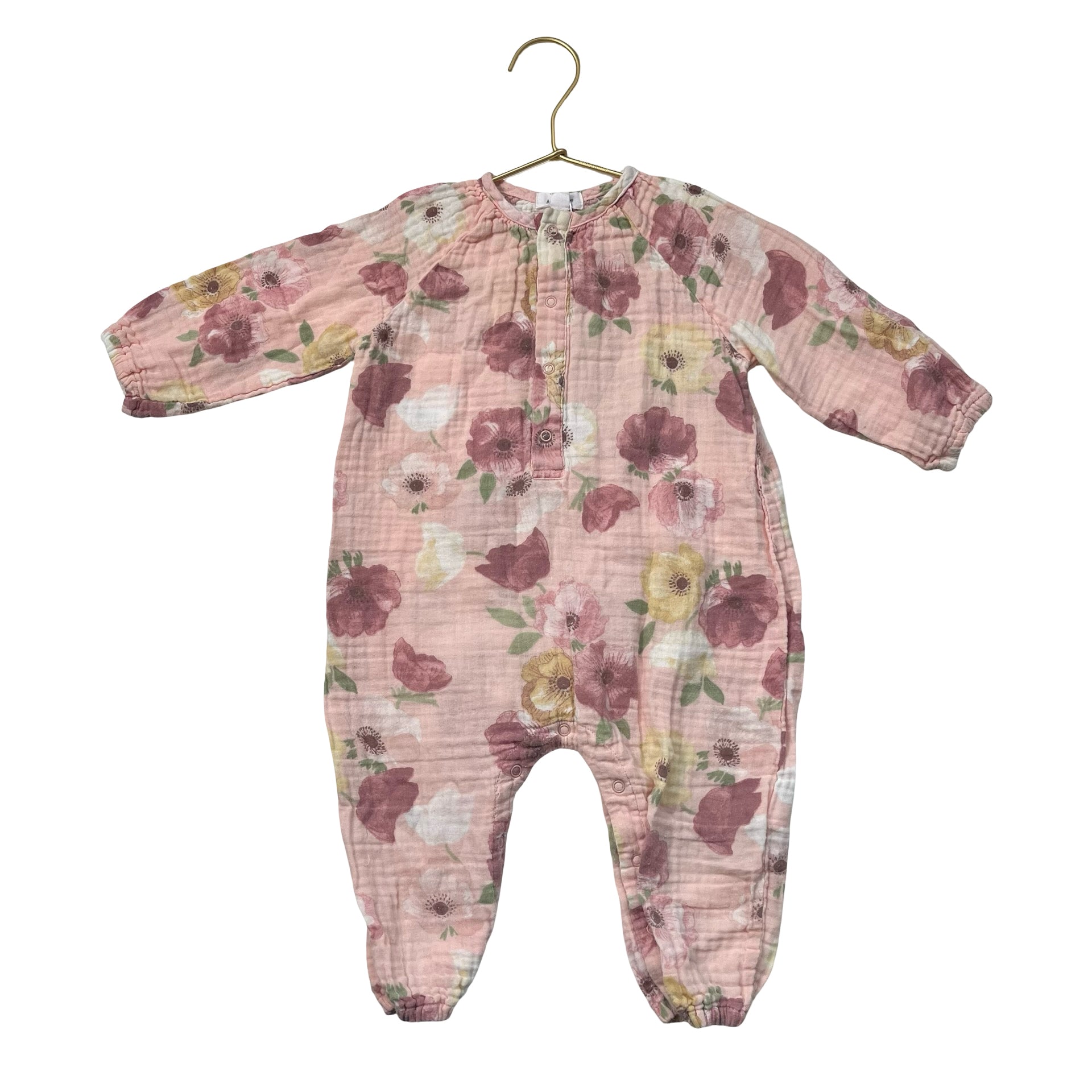 Angel Dear Pink Flower Print Cotton Gauze One-Piece Romper - Size 12-18 Mo