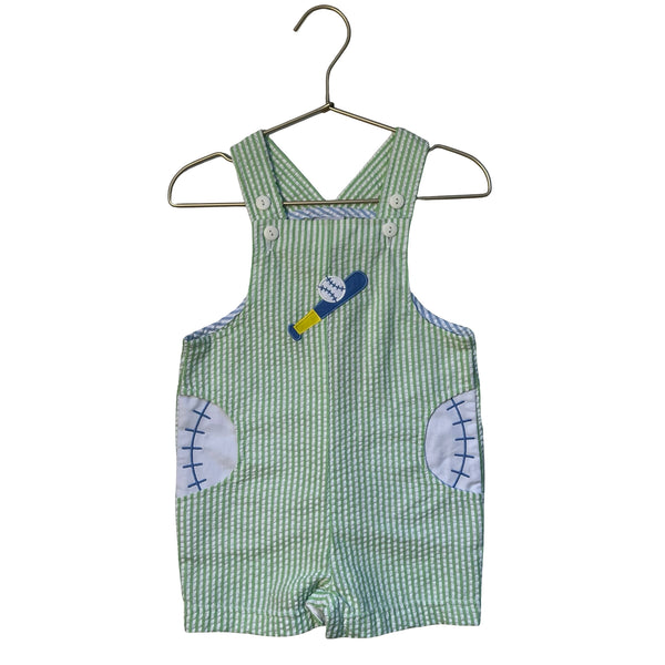 Florence Eiseman Green & White Striped Seersucker Baseball Shortall - Size 18 Mo