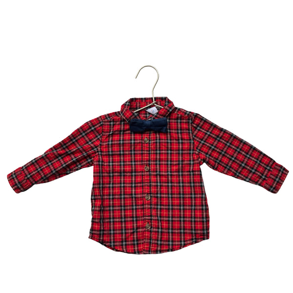 Old Navy Red & Black Plaid Button Down Shirt &  Bowtie - Size 12-18 Mo