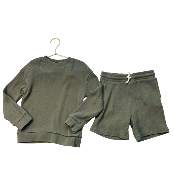 H&M Olive Green Waffle Shorts & Shirt Set - Size 6