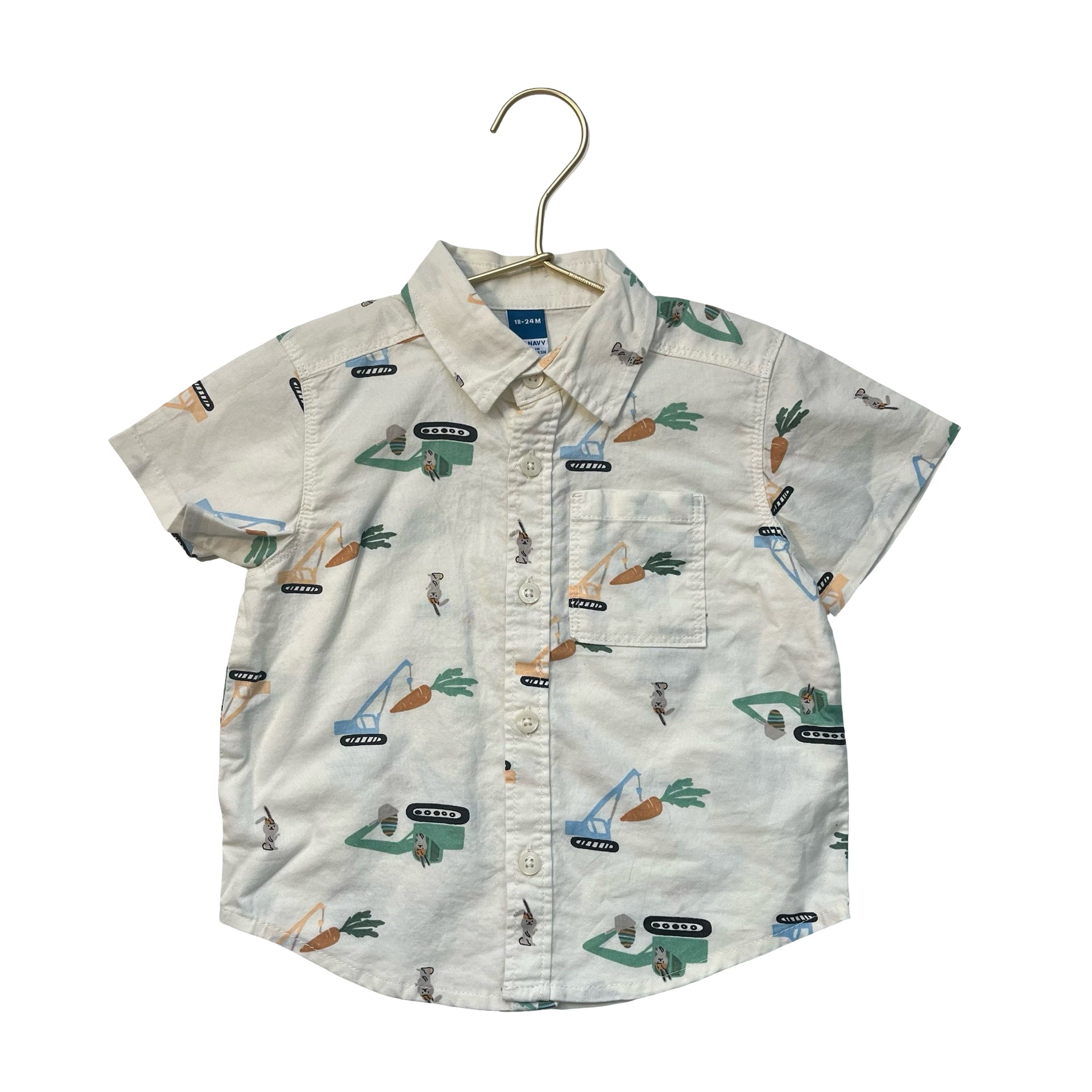 Old Navy Ivory Bunny Construction Truck Print Button Down Shirt - Size 18-24 Mo