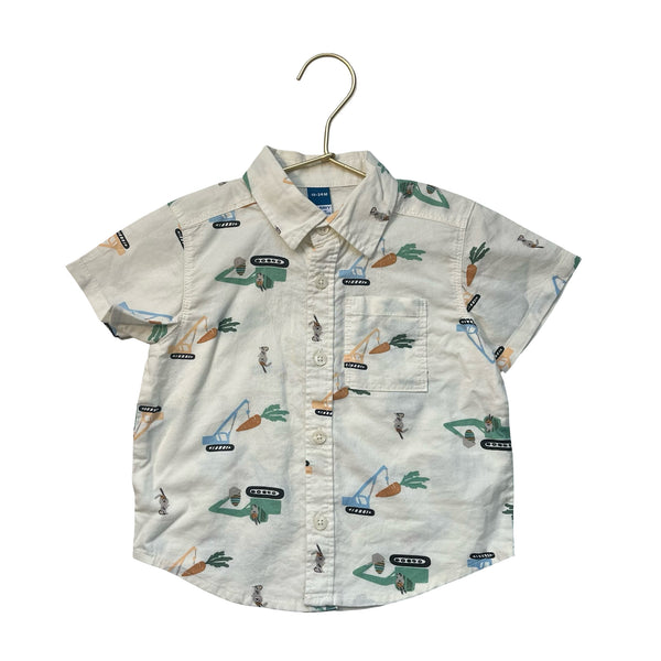 Old Navy Ivory Bunny Construction Truck Print Button Down Shirt - Size 18-24 Mo