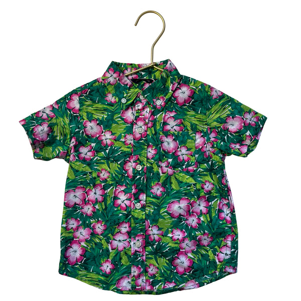 Janie and Jack Green & Pink Tropical Floral Button Down Shirt - Size 18-24 Mo