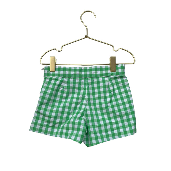 Janie and Jack Green & Ivory Check, Gold Button Shorts - Size 5