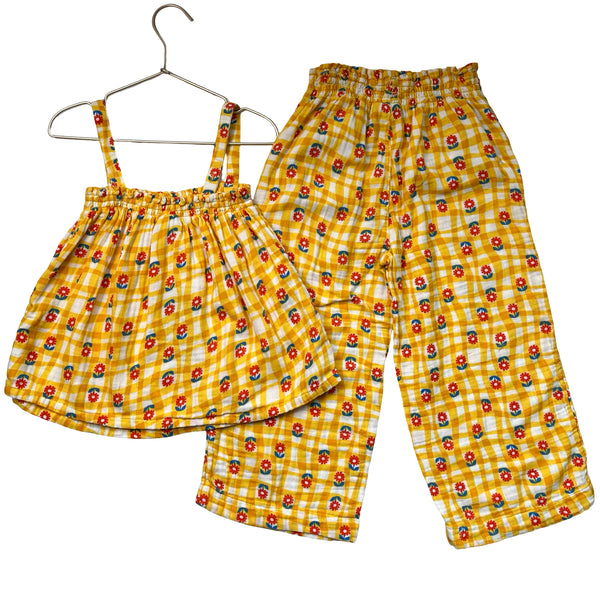 Hanna Andersson Yellow Check & Flower Print Pants & Top Set - Size 6-7