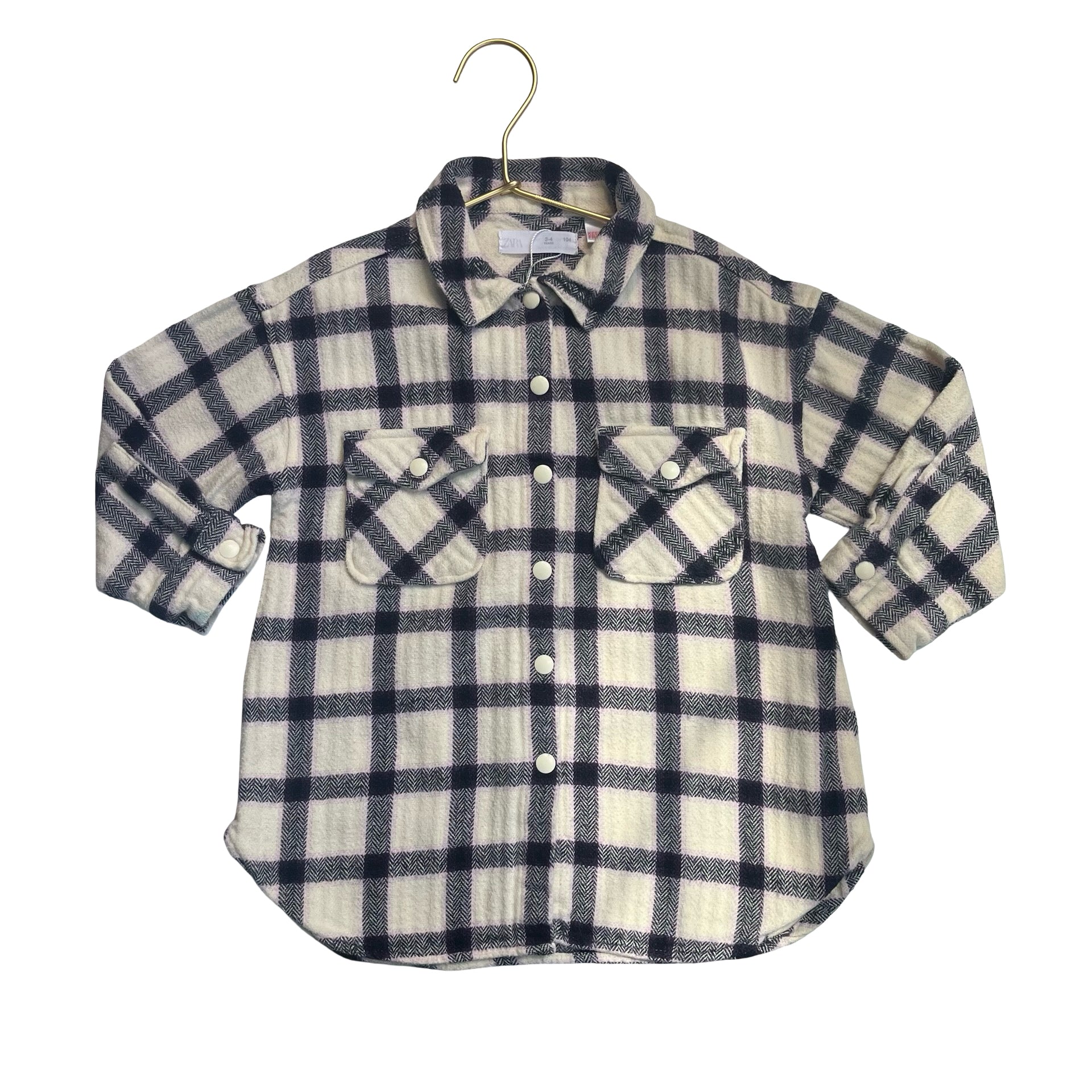 Zara Ivory, Black, Lavender Plaid Flannel Shacket Shirt - Size 3-4