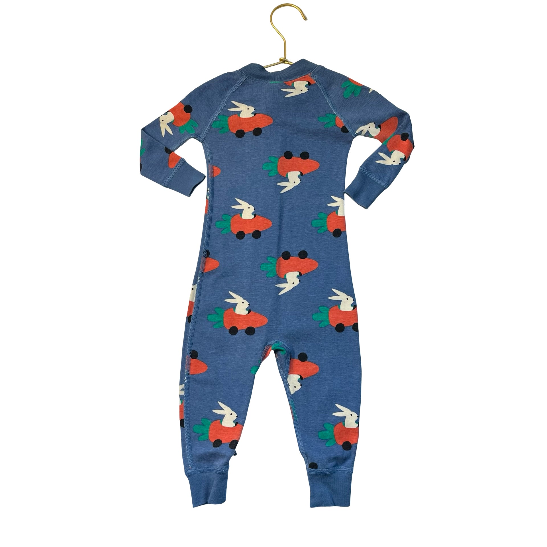 Hanna Andersson Blue Bunny in Carrot Car Print One-Piece PJs - Size 12-18 Mo
