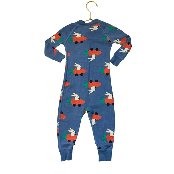 Hanna Andersson Blue Bunny in Carrot Car Print One-Piece PJs - Size 12-18 Mo