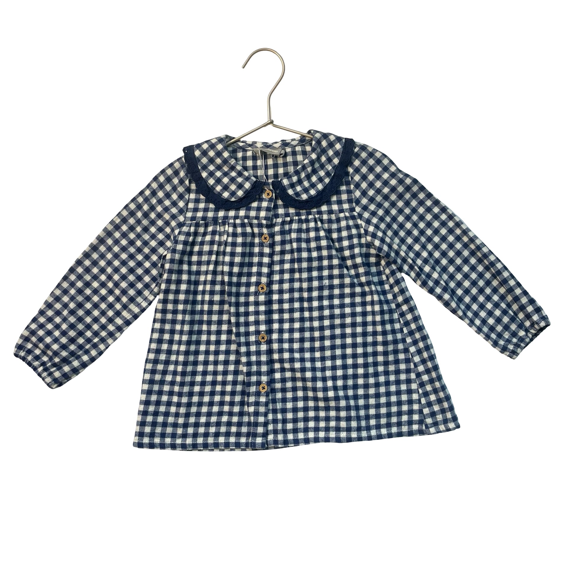 Bout'Chou Navy & Ivory Check Flannel Button Down Blouse - Size 36 Mo