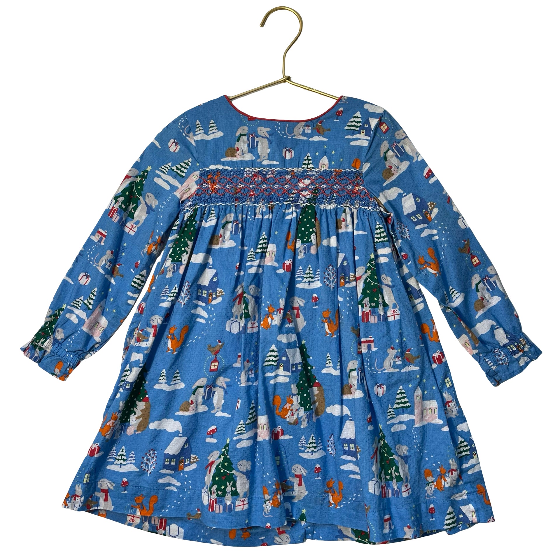 Mini Boden Blue Animal Village Print Smocked Christmas Dress - Size 3-4Y