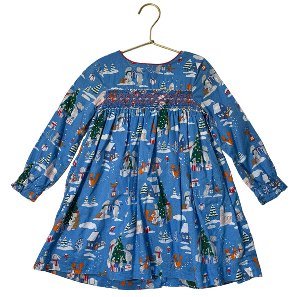 Mini Boden Blue Animal Village Print Smocked Christmas Dress - Size 3-4Y