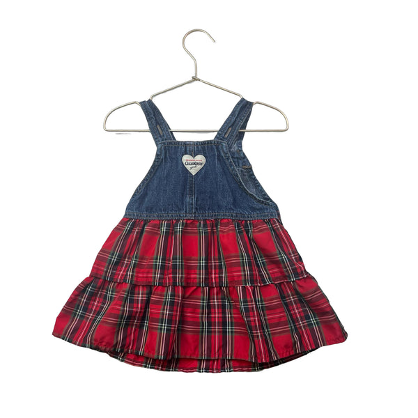 OshKosh Denim & Red Tartan Taffeta Overall Dress - Size 24 Mo