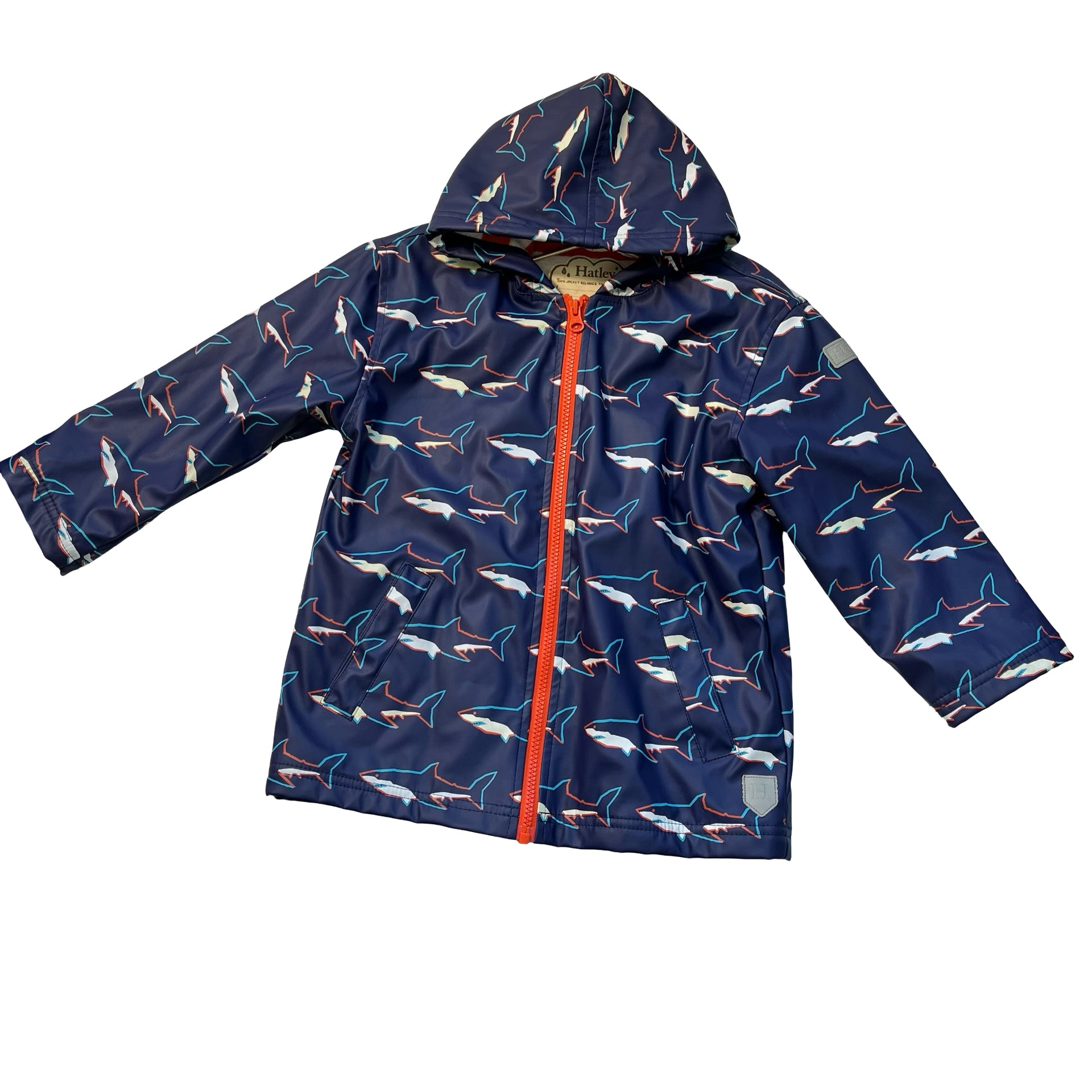Hatley Terry-Lined Navy Shark Print Rain Jacket - Size 5