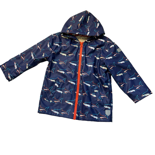 Hatley Terry-Lined Navy Shark Print Rain Jacket - Size 5