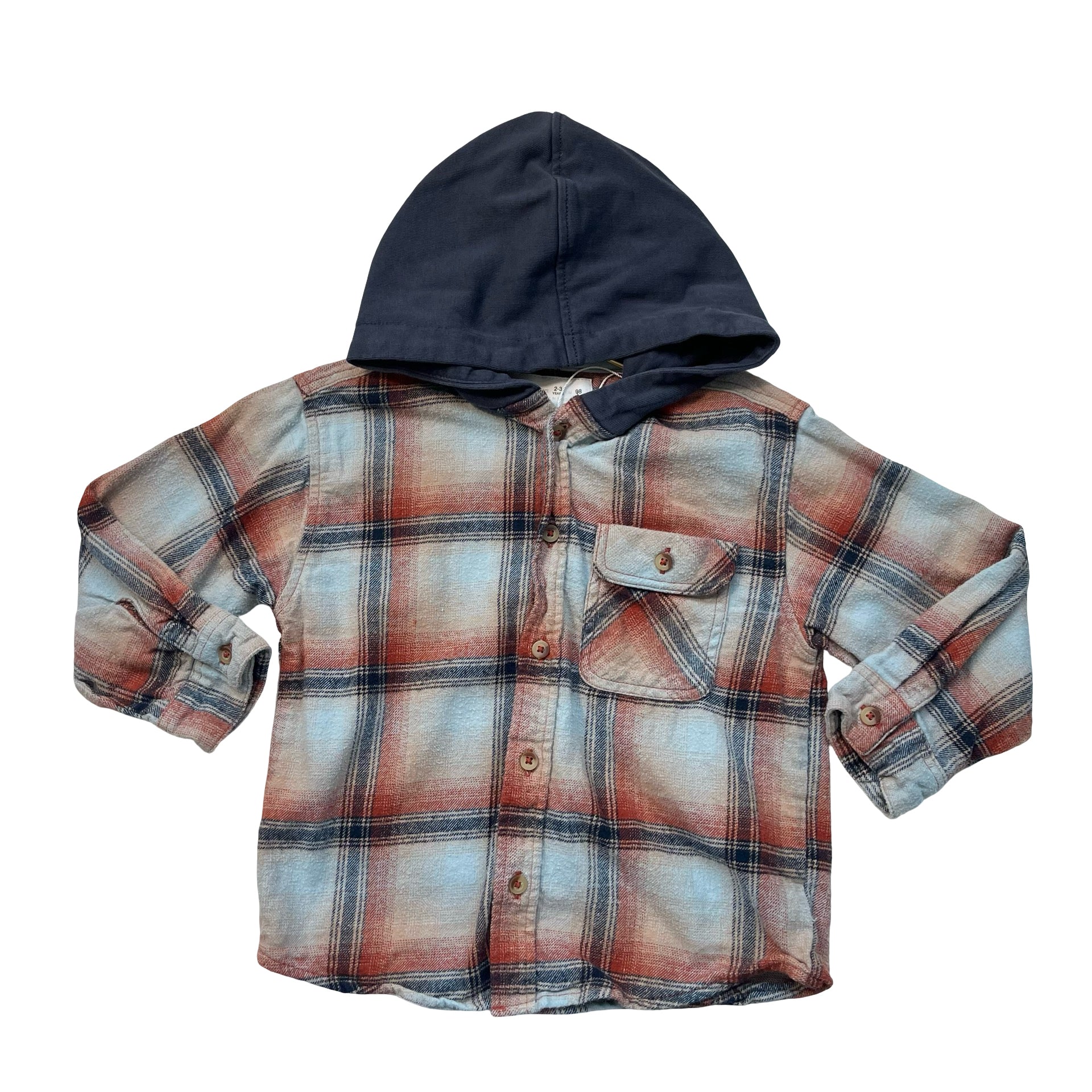 Zara Hooded Plaid Flannel Button Down Shirt - Size 2-3