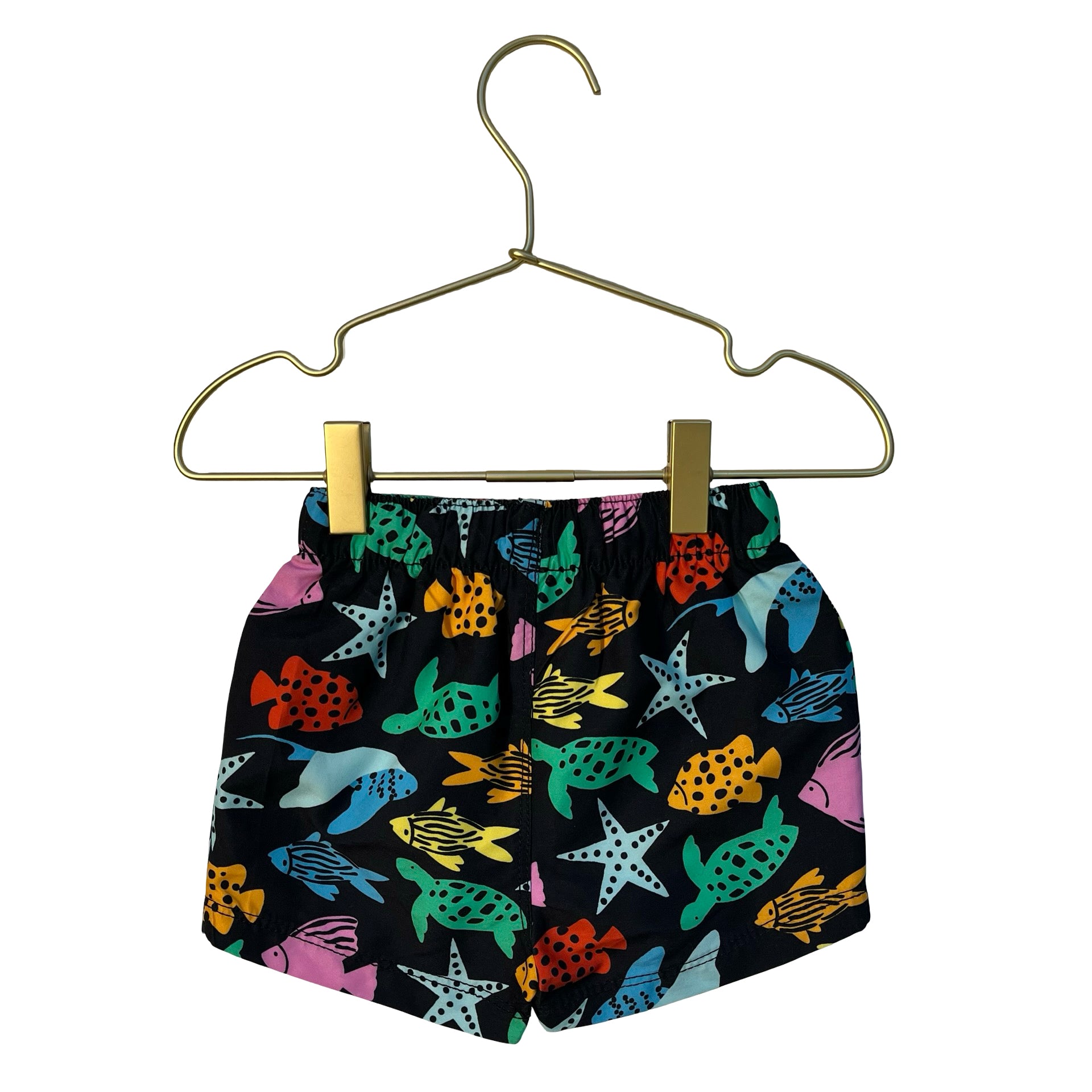 Hanna Andersson Black & Multi-Color Fish Print Swim Shorts - Size 12-18 Mo