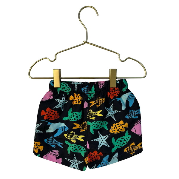 Hanna Andersson Black & Multi-Color Fish Print Swim Shorts - Size 12-18 Mo