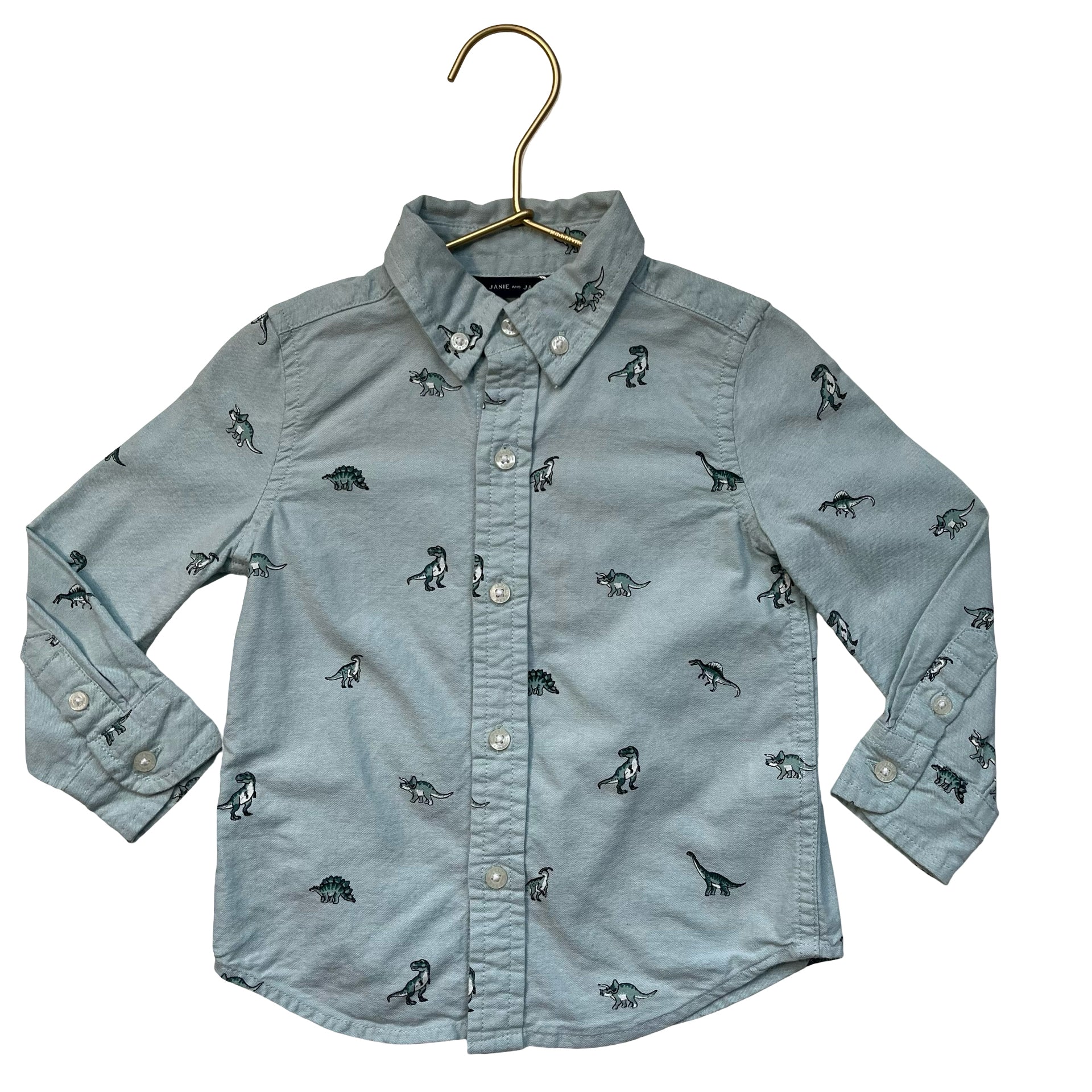 Janie and Jack Green Oxford Cloth Dino Print Button Down Shirt - Size 18-24 Mo