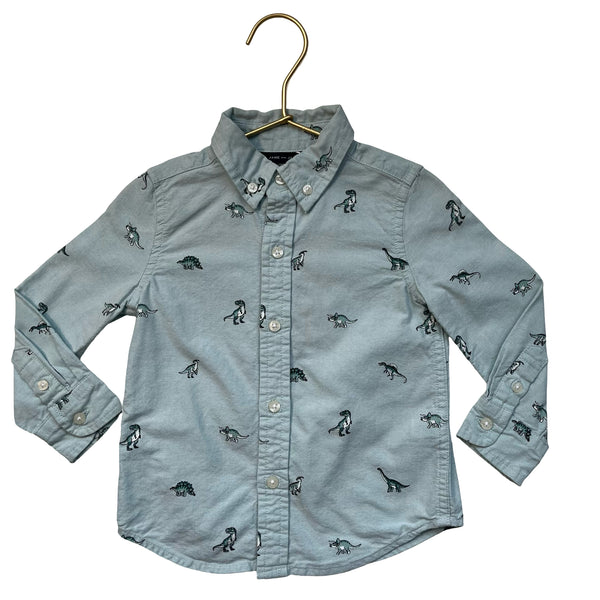 Janie and Jack Green Oxford Cloth Dino Print Button Down Shirt - Size 18-24 Mo