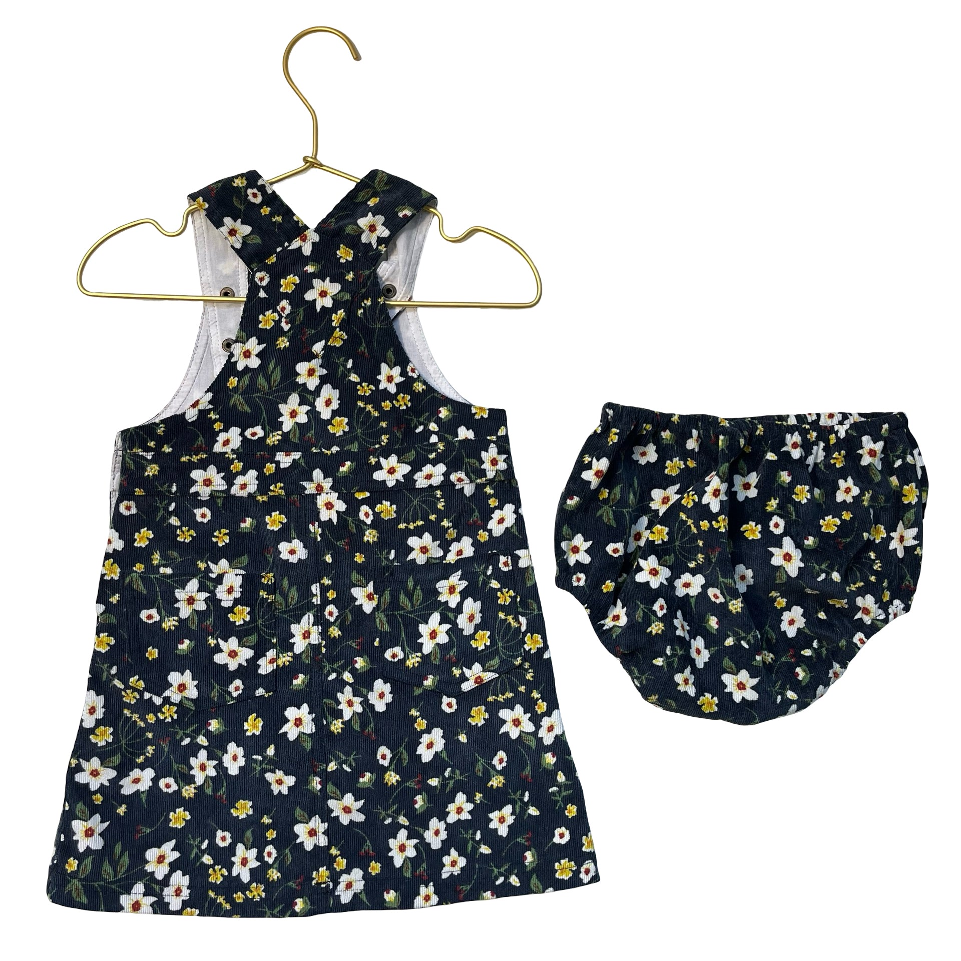 Bisby Navy Floral Corduroy Overall Dress & Bloomers - Size 18-24 Mo