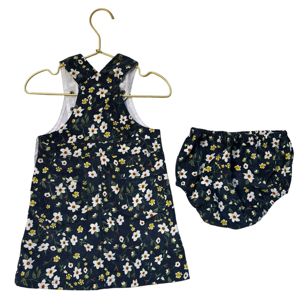 Bisby Navy Floral Corduroy Overall Dress & Bloomers - Size 18-24 Mo