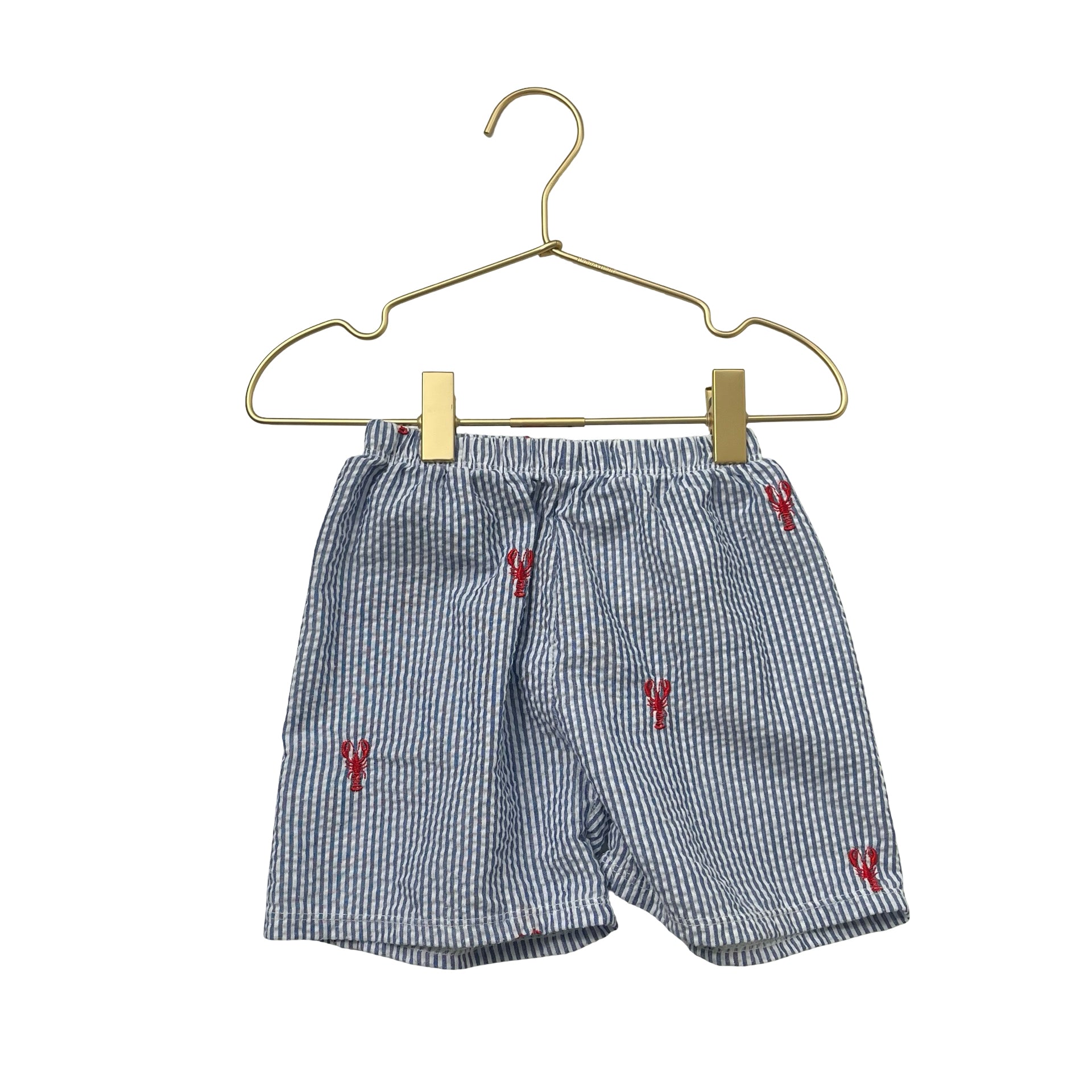 Piping Prints Blue & White Seersucker Embroidered Lobster Shorts - Size 18-24 Mo