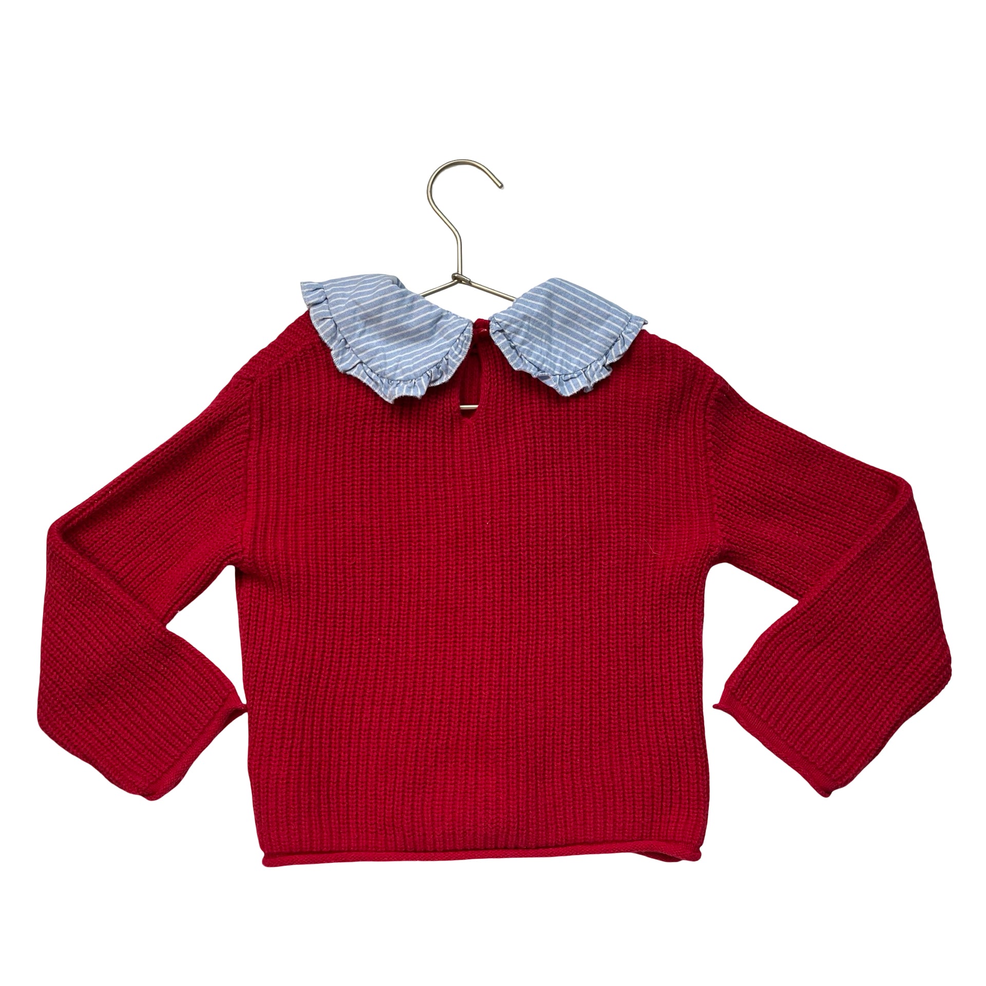 Zara Red Cotton Sweater, Removeable Blue Striped Collar - Size 4