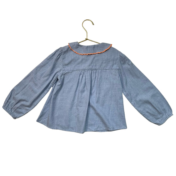Arsene & Les Pipelettes Light Blue Button Down Blouse, Orange Trim - Size 6A