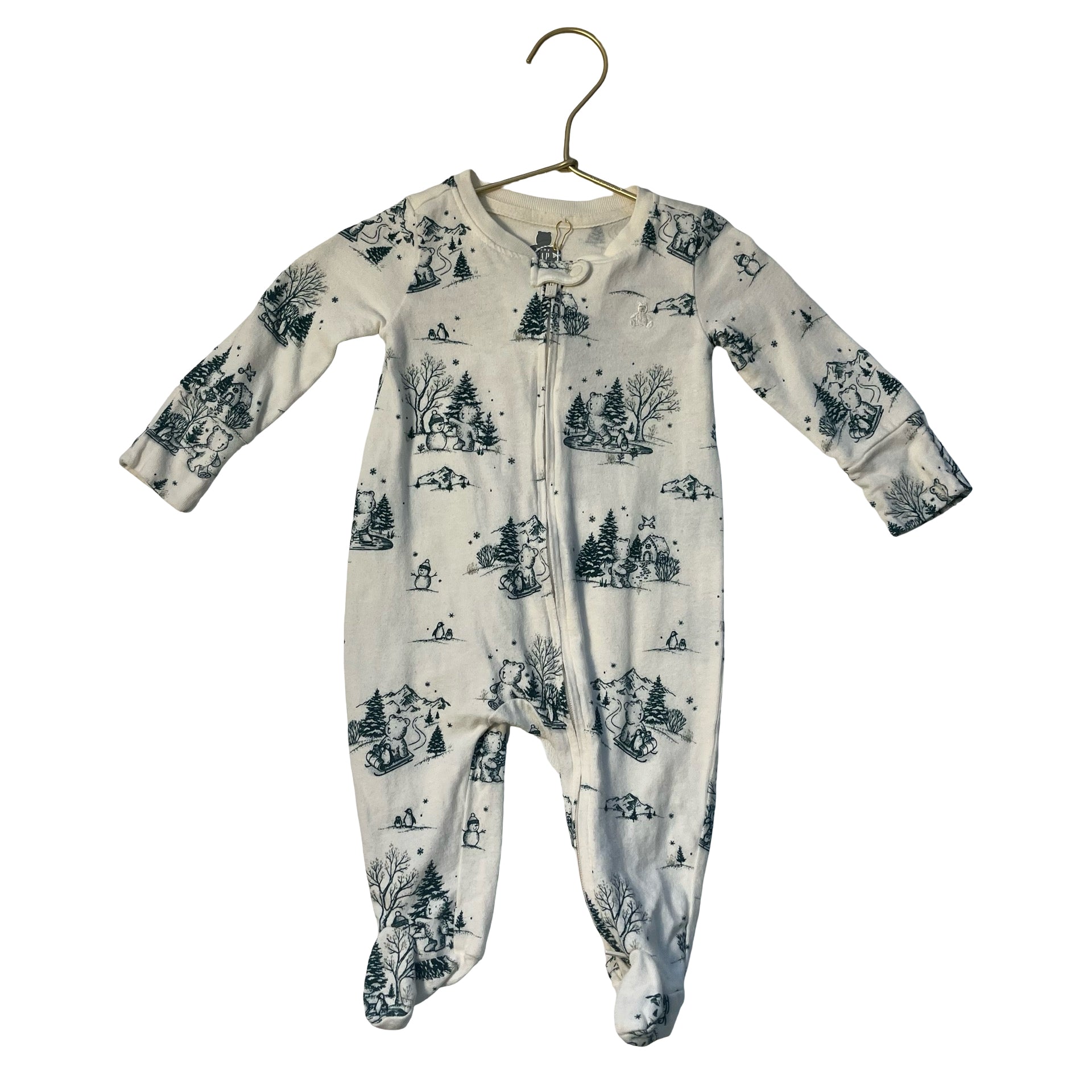 Baby Gap Ivory & Green Winter Bear Print Footed PJs - Size 0-3 Mo
