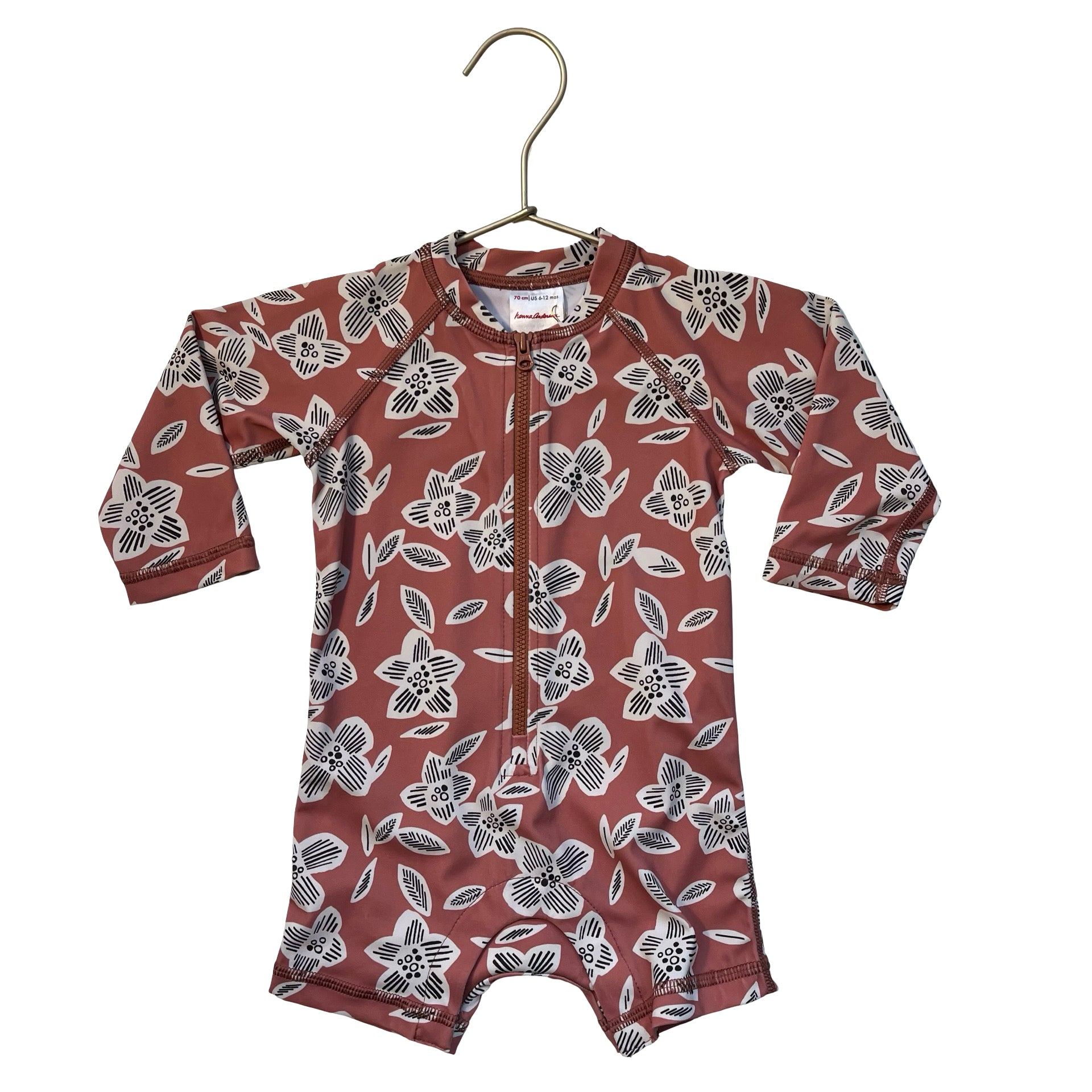 Hanna Andersson Terra Cotta Flower Print Swim Suit Romper - Size 6-12 Mo