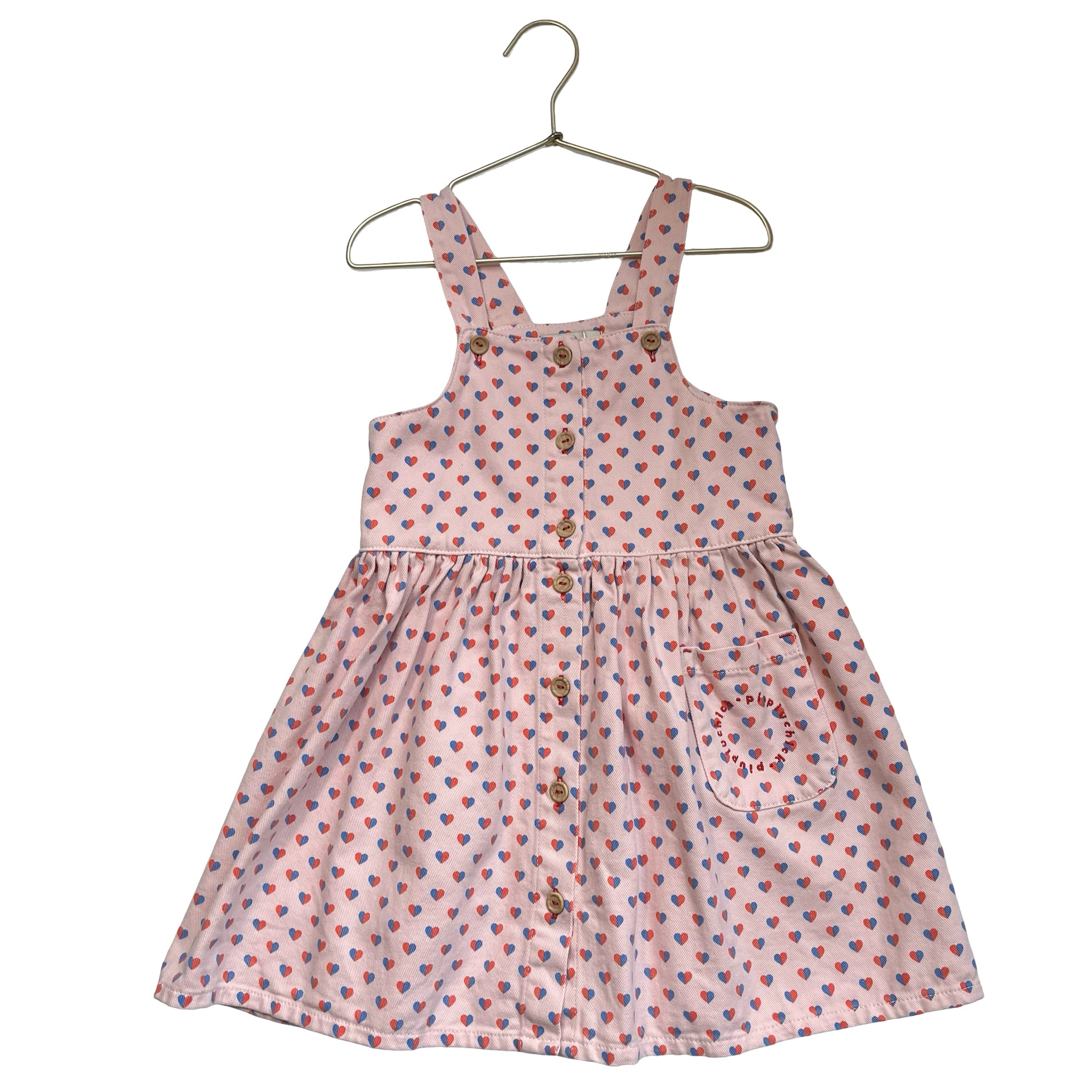 Piupiuchick Pink Heart Print Denim Overall Dress - Size 6Y