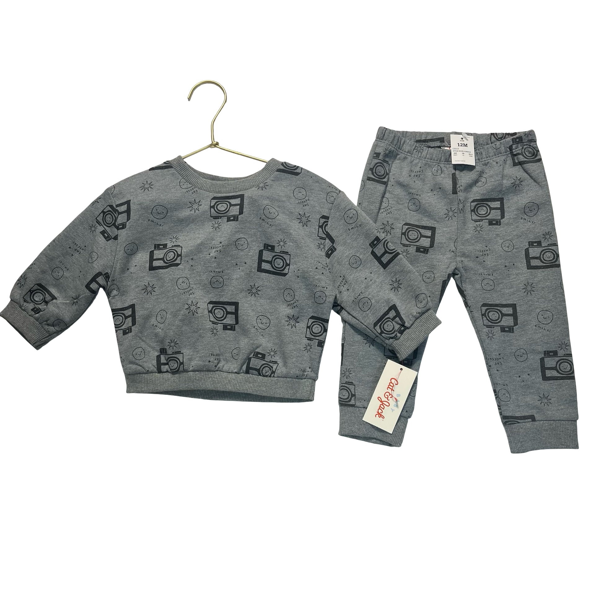 Cat & Jack Gray Camera Sweatshirt & Joggers with Tag - Size 12 Months