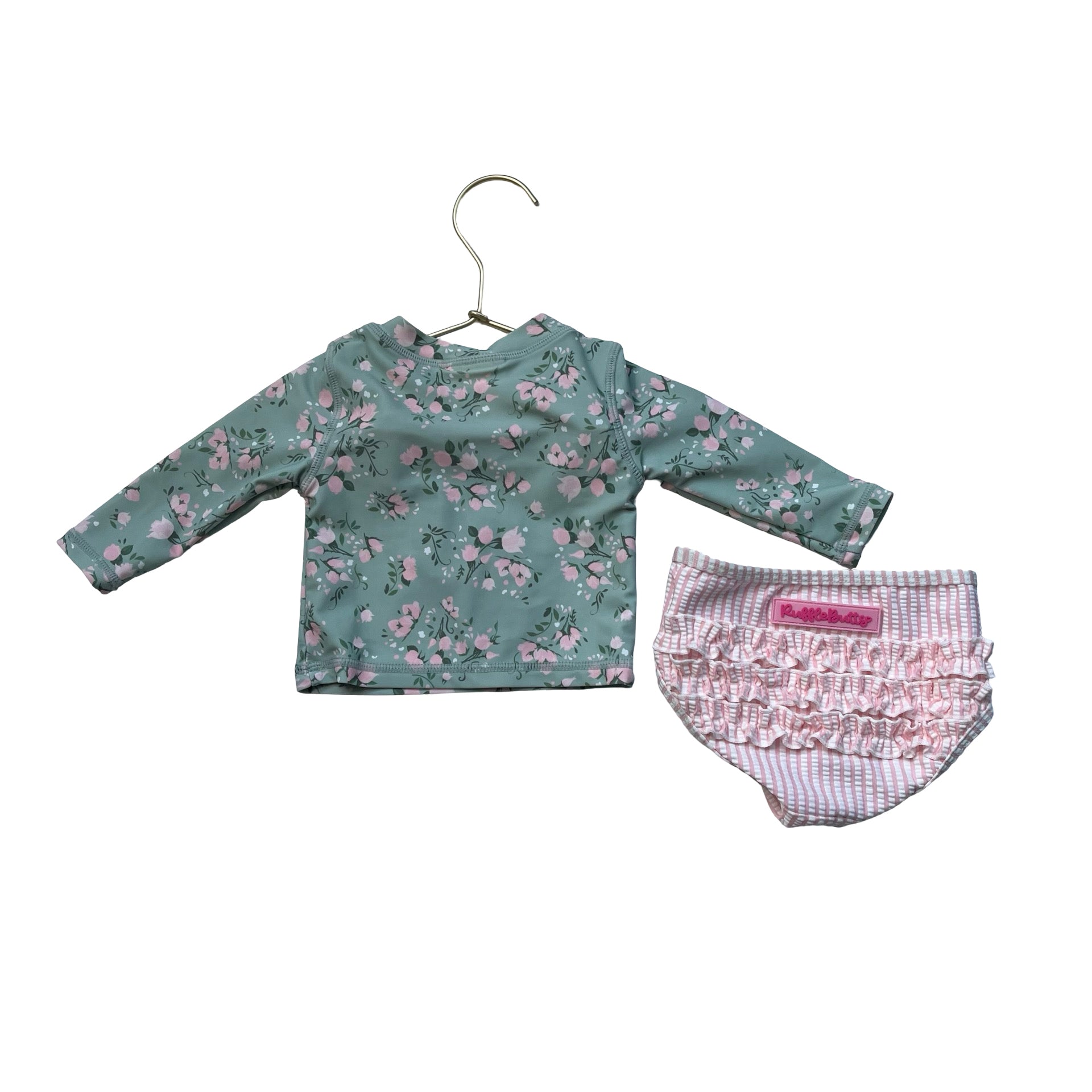 Ruffle Butts Green Floral & Pink Striped Seersucker 2 Piece Swim Suit - 3-6 Mo