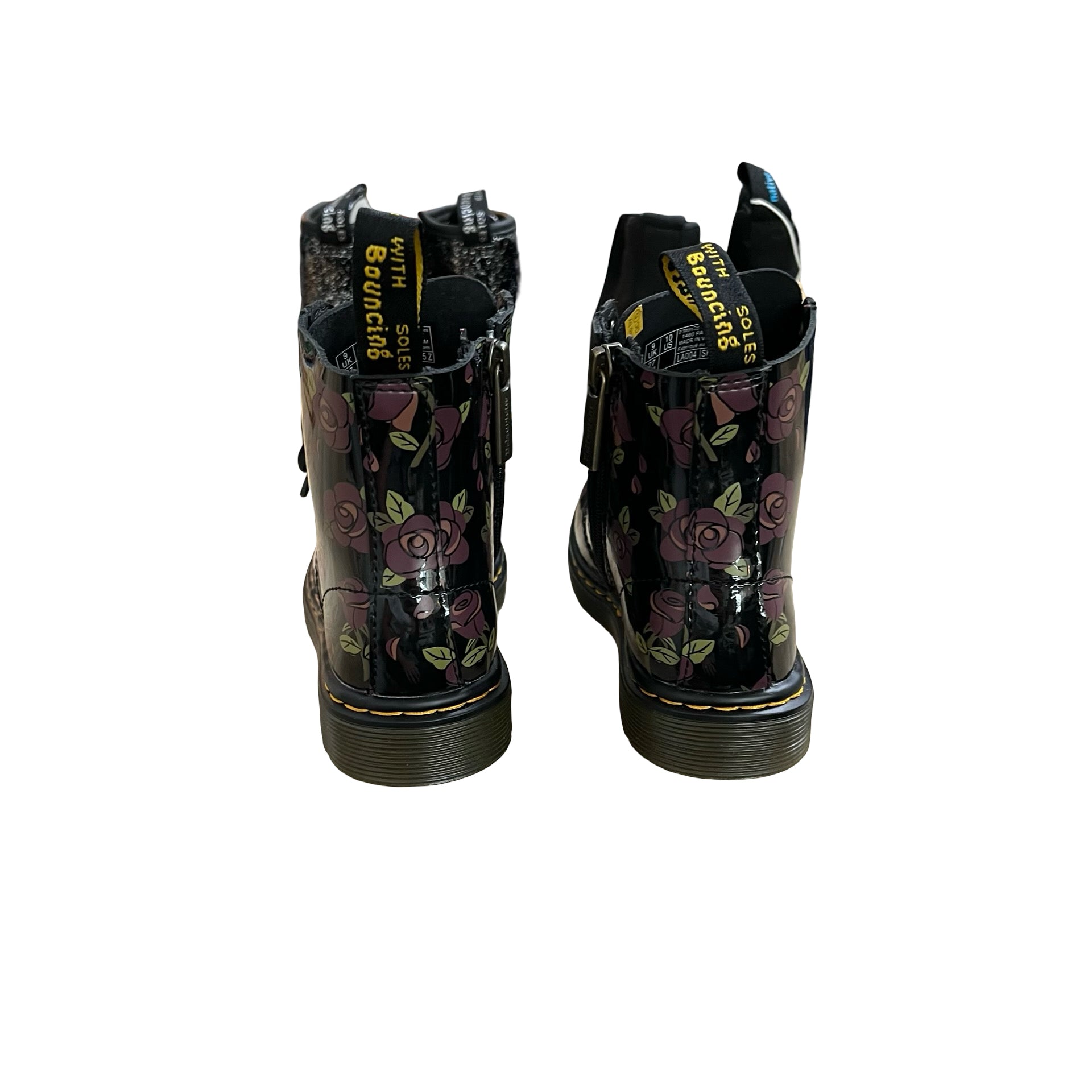 Dr. Martens Black Flower Print Patent Boots - Size 10