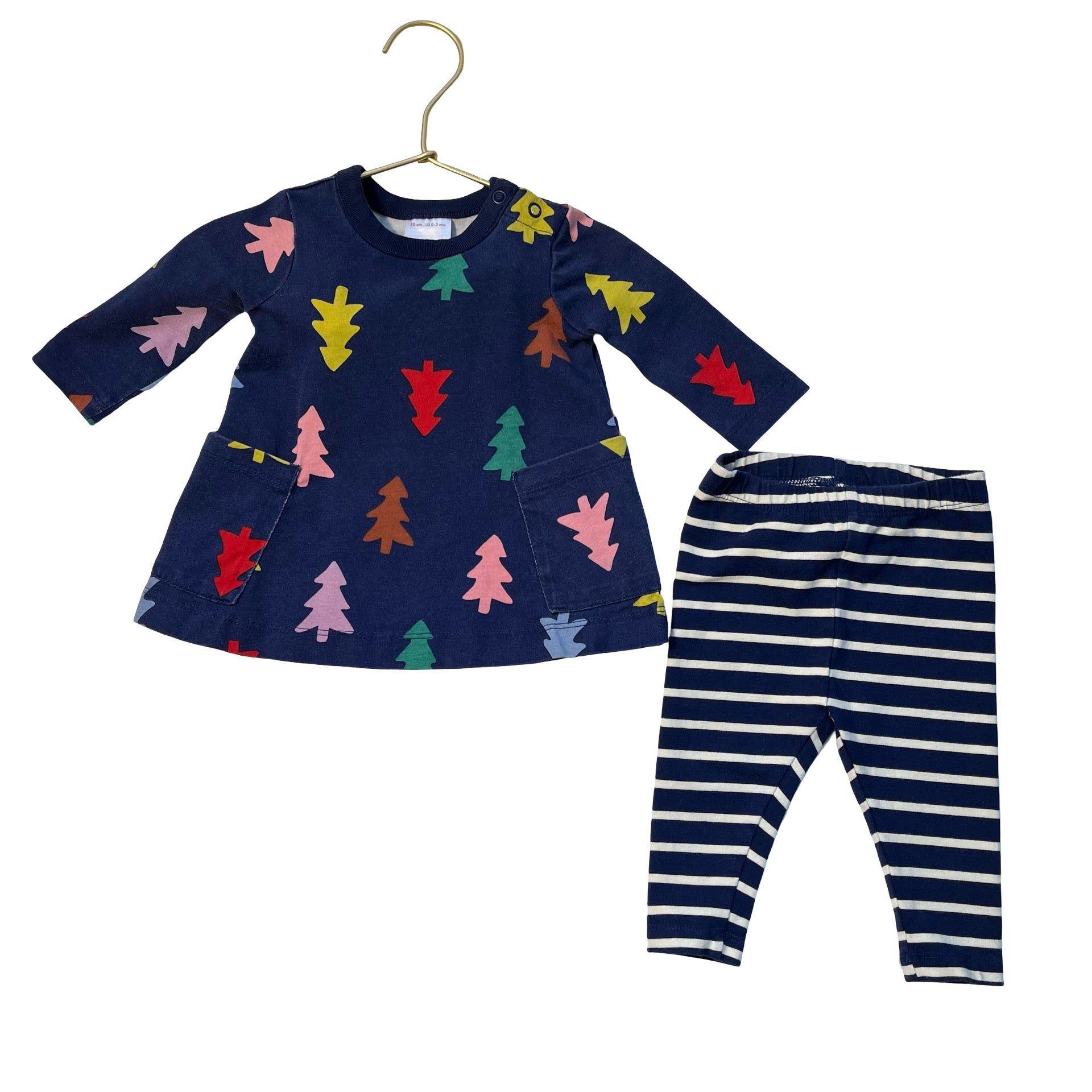 Hanna Andersson Navy Christmas Tree Tunic & Striped Leggings Set - Size 0-3 Mo